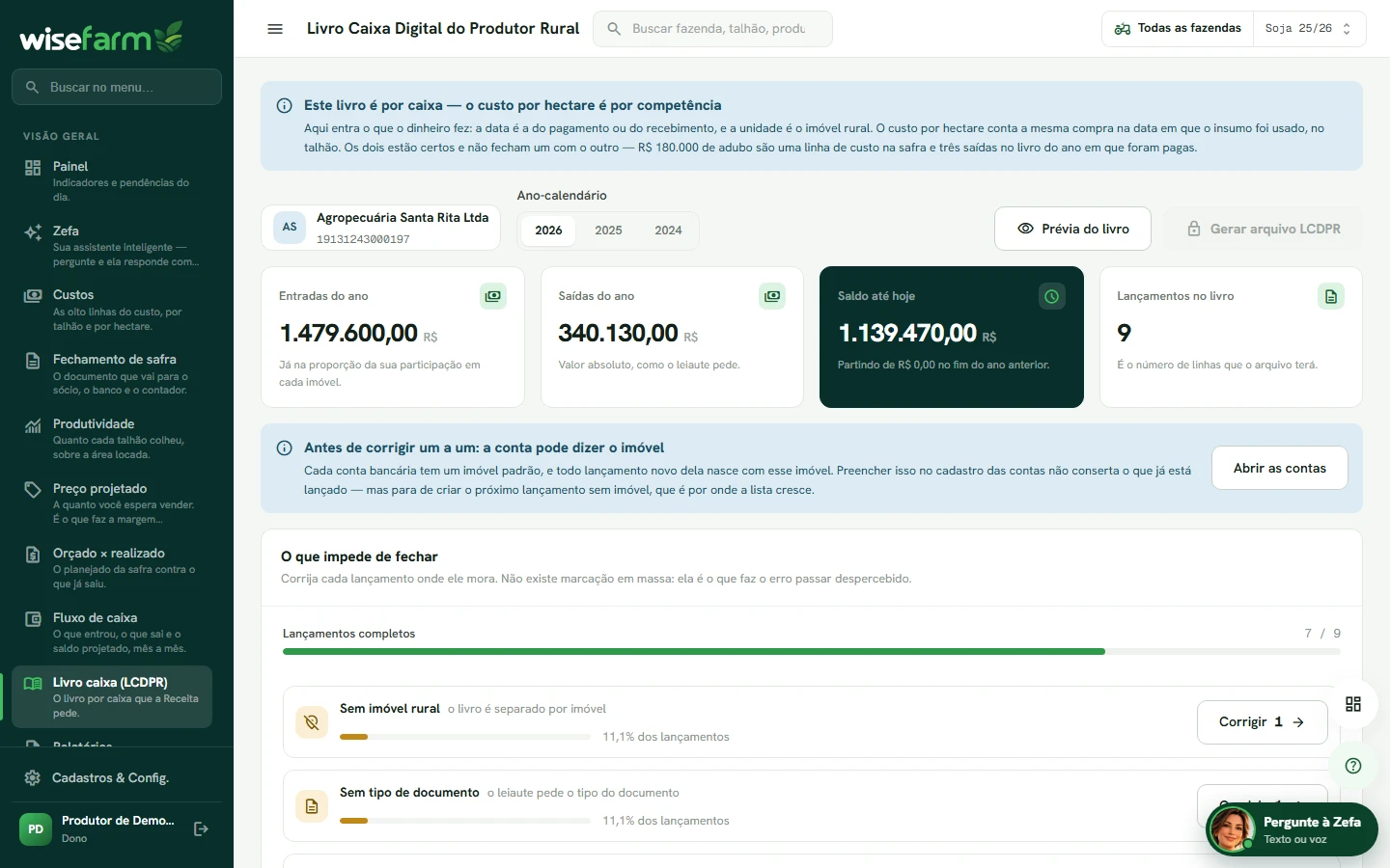 O Livro Caixa Digital do Produtor Rural no WiseFarm, com as pendências de cada lançamento listadas antes de gerar o arquivo.