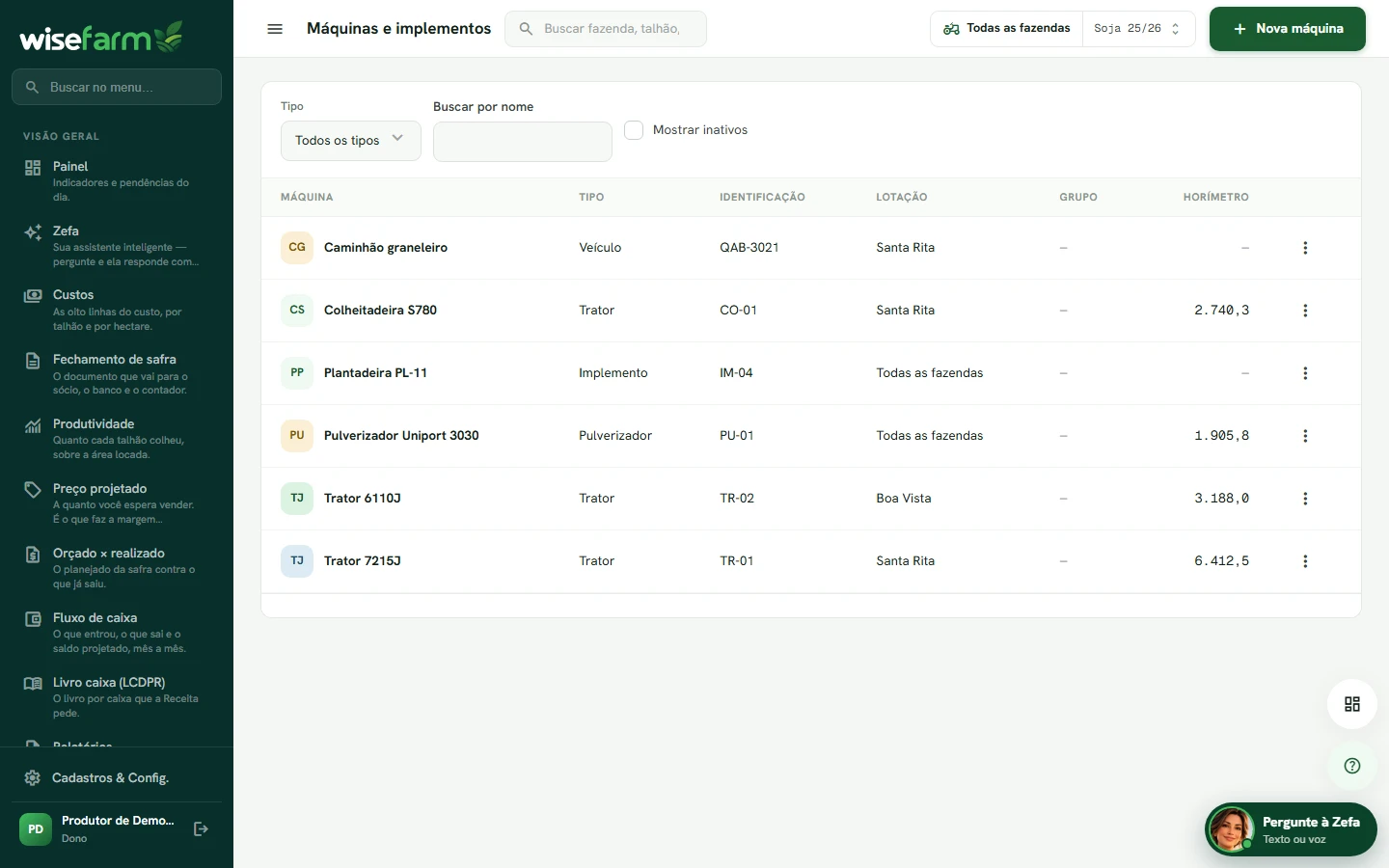 O catálogo de máquinas e implementos do WiseFarm, com tipo, lotação e horímetro.