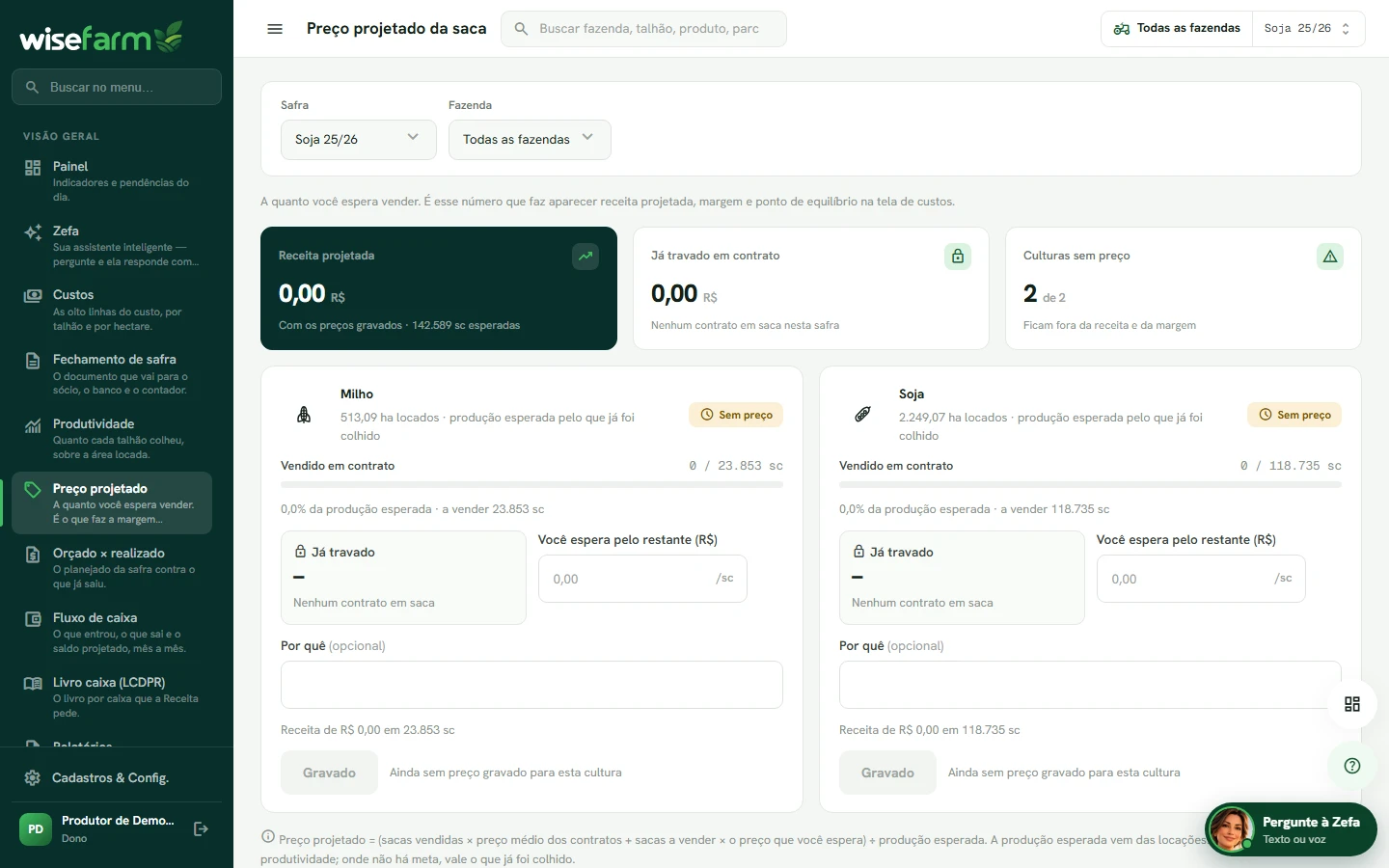 A tela de preço projetado do WiseFarm, com o preço da saca, a margem e o ponto de equilíbrio.